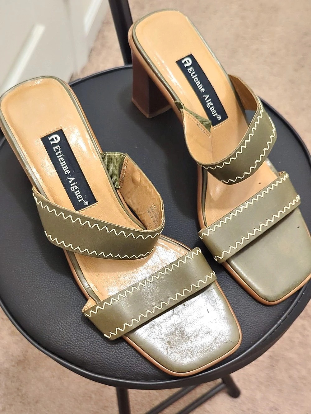 Etienne Aigner Olive Square Toe Block Heel Mules